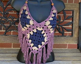 Beaded French Lilac  Fringe Granny Square Hippie Top
