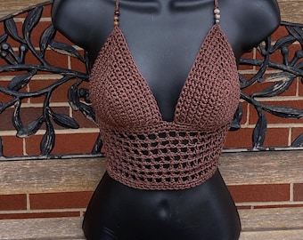 Beaded Brown  Crochet Hippie Top