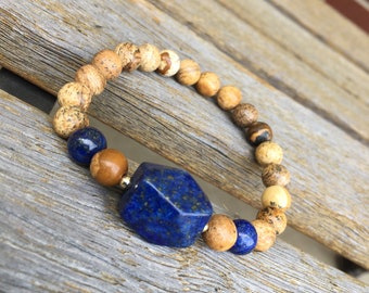 Earth and Sky Lapis and Picture Jasper Bracelet/Yoga Bracelet/Energy Bracelet/Healing Gemstone Bracelet