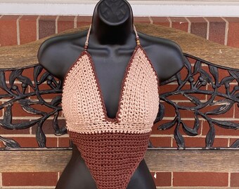 Beige and Cocoa Hippie Crochet  Festival Top With Red Creek Jasper Beads