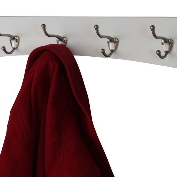 White Wall Coat Rack Curved Design -Satin Nickel Coat Hooks - Made in The USA
