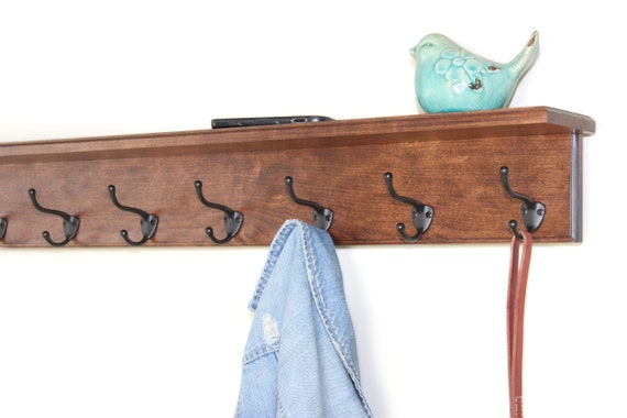 Oak Shelf Coat Rack Single Style Hooks 4 or 5 Deep Shelf with Aged Bronze  - Satin Nickel or Solid Brass Hooks