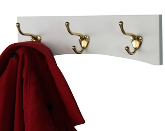 White Wall Coat Rack Curved Design - Solid Brass Coat Hooks - Made in The USA