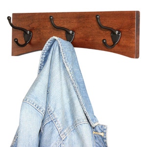 Solid Cherry Wall Coat Rack Curved Design  Oil Rubbed Bronze Hat and Coat Hooks - Made in The USA