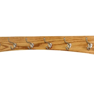 Hand Crafted Solid Oak Craftsman Style Curved Back Wall Mounted Coat Rack - Satin Nickel Hat & Coat Style Hooks - Made in the USA