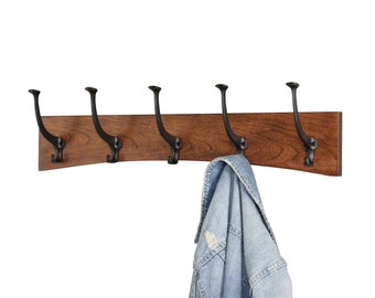 Solid Cherry Wall Coat Rack Curved Design  Mission Style Black Hooks
