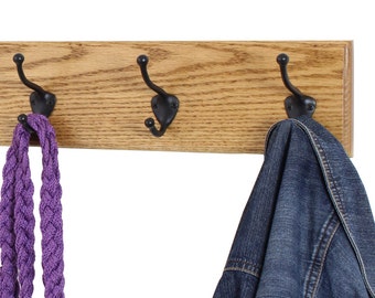 Solid Oak Wall Coat Rack  Oil Rubbed Bronze Hat and Coat Style Hooks Hand  Made in the USA