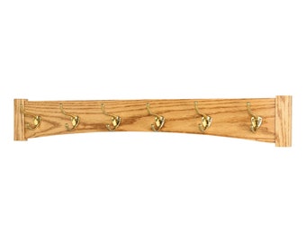 Hand Crafted Solid Oak Craftsman Style Curved Back Wall Mounted Coat Rack - Solid Brass Hat & Coat Style Hooks - Made in the USA