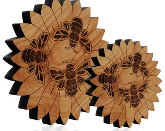 Honey Bee on a Sunflower Trivet- Solid Cherry Wood Trivet Hot Pad Holder - Wall Art