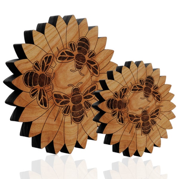 Honey Bee on a Sunflower Trivet- Solid Cherry Wood Trivet Hot Pad Holder - Wall Art