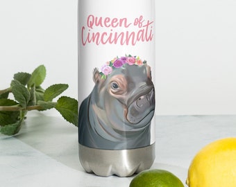 Hippo Water Bottle | Cute Flower Crown Hippo Gift | Queen of Cincinnati | Gift for Mom, Sister, Friend