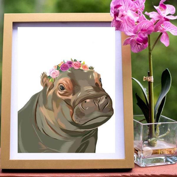 Hippo Flower Crown Print (Digital) | Hippo Lover Gift | Queen of Cincinnati| Printable Art Baby Hippo