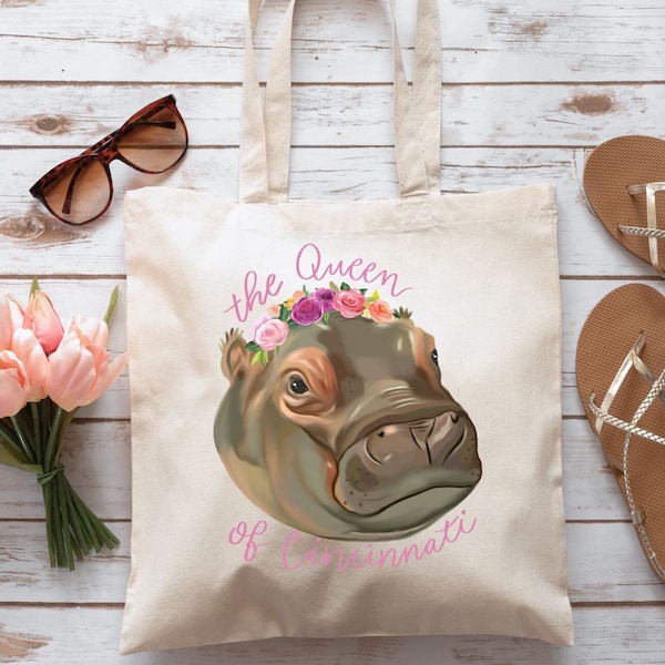 Hippo Canvas Tote Bag | Hippo Lover Gift | Queen of Cincinnati | Hippo Flower Crown Purse Bag