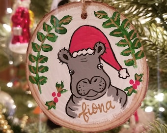 Hand-Drawn Hippo Christmas Ornament | Personalized Wood Slice