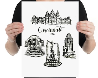 Framed Cincinnati Art Print | Cincinnati Poster Print | Cincinnati Landmarks | Ohio Art Print | Hand-Drawn Cincinnati Art