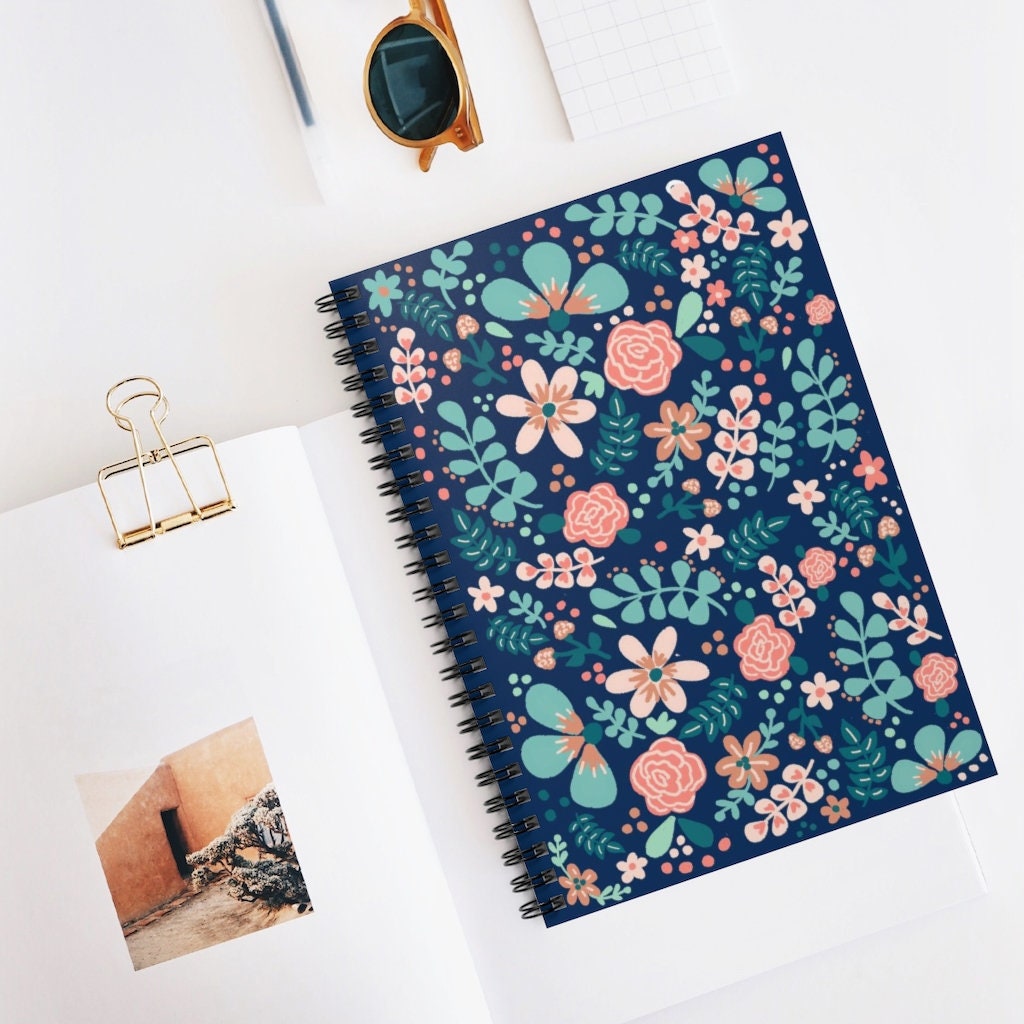 Floral Spiral Notebook | Hand-drawn Navy Blue Flower Design - Etsy