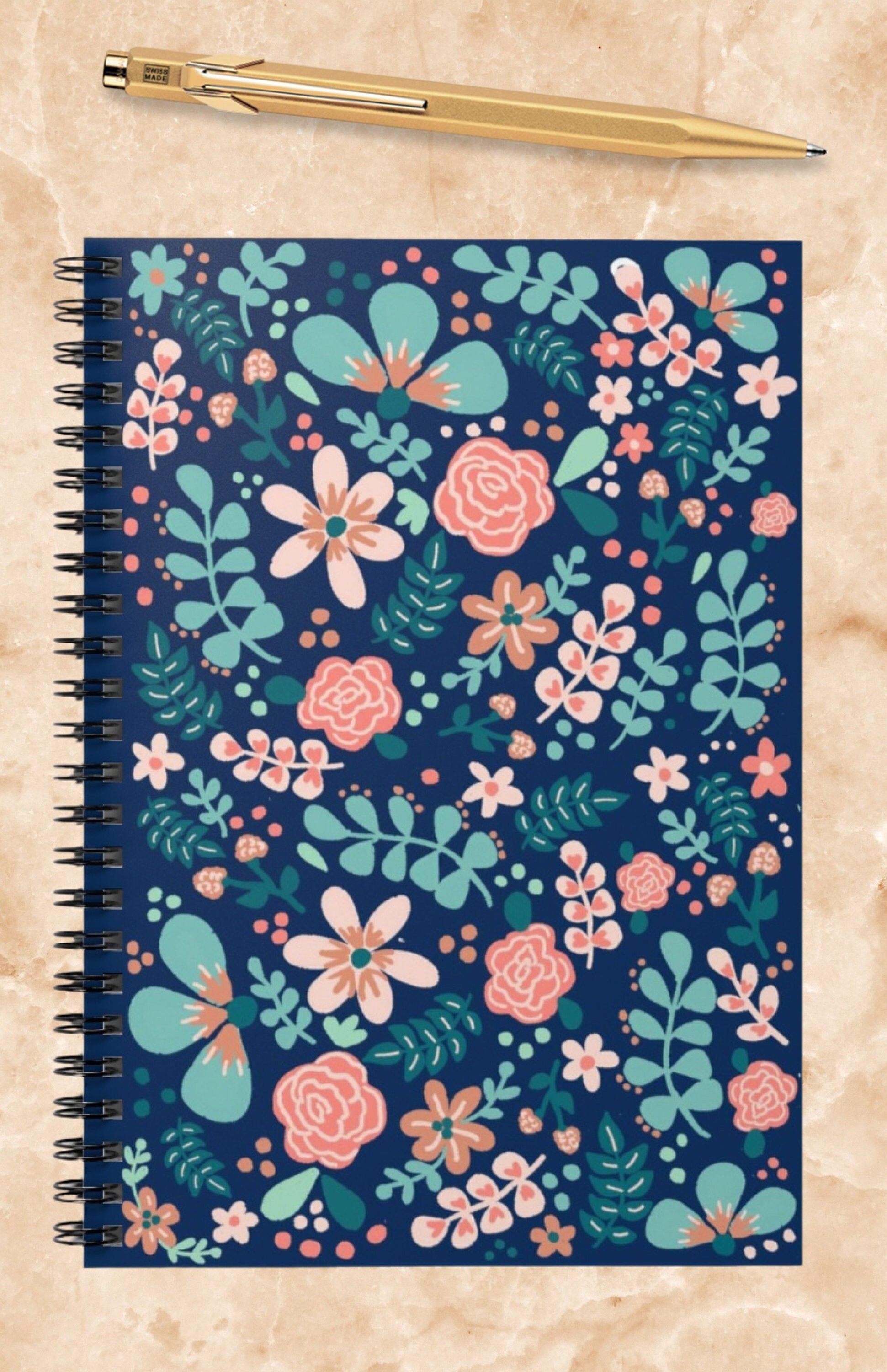 Floral Spiral Notebook | Hand-drawn Navy Blue Flower Design - Etsy