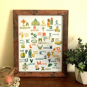Catholic ABC&#39;s Print | Hand-Drawn Catholic Alphabet Print | Baptism Gift | First Communion Gift | RCIA Gift | Catholic Print Baby Nursery