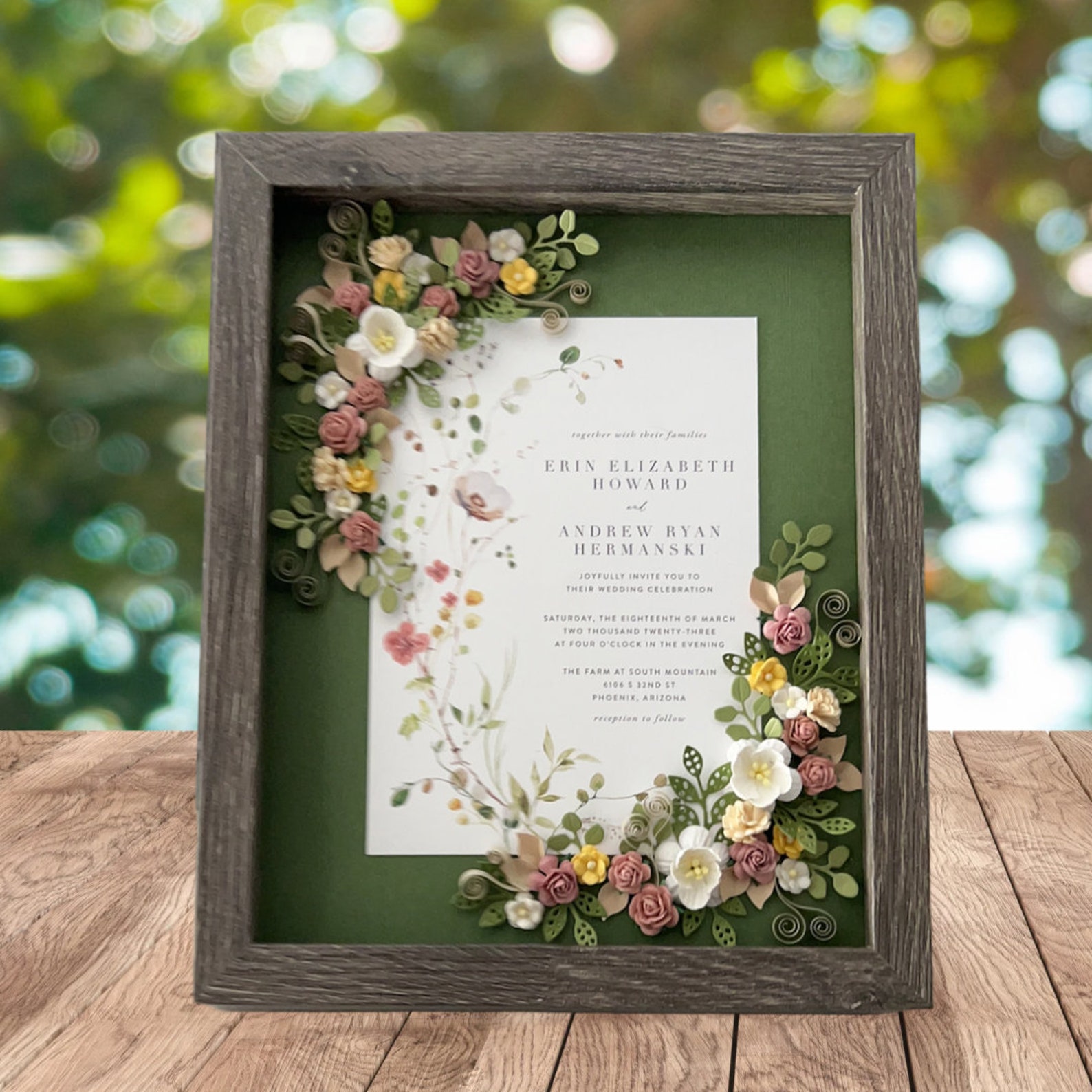 Custom Wedding Invitation Keepsake Frame: Floral Paper Art - Gray Woodtone Frame, 12x12 inches