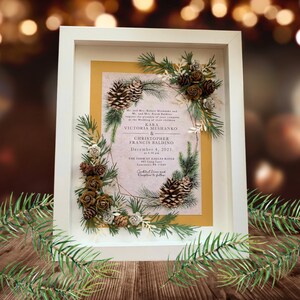 Custom Wedding Invitation Keepsake Frame: Pine Cone Winter Decor