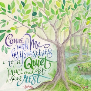 Könnte beinhalten: Aquarellmalerei eines Baumes mit grünen Blättern und einem Bach, der durch einen Wald fließt. Der Text "Kommt mit mir, allein, an einen stillen Ort und ruht euch aus - Jesus" ist in einer bunten, kursiv geschriebenen Schrift geschrieben.