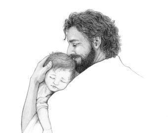 Jesús sosteniendo a un niño dormido / dibujo a lápiz