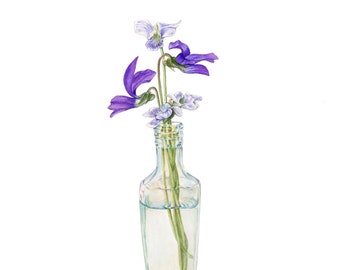 Violetas blancas y púrpuras en estampado de acuarela botella de vidrio