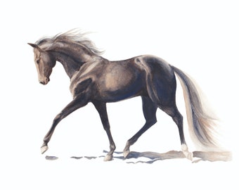 Impresión de ilustración de acuarela de color de caballo oscuro / negro