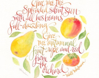 Fruta de otoño acuarela mano con letras ilustradas cita de Walt Whitman