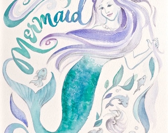 Sirena acuarela ilustración letrada a mano