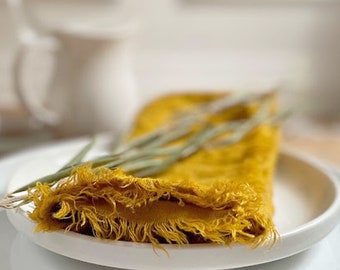 Autumn Gold Washed Linen Fringe Napkins - Custom Reusable Cloth for Farmhouse Dining, Holiday, and Boho Decor