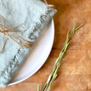 Blue Linen Napkins, Boho Cloth Napkins with Fringe, Eco Friendly Napkins, Farmhouse Napkins, Fringe Linen Napkins, Handmade Cloth Napkins image 2