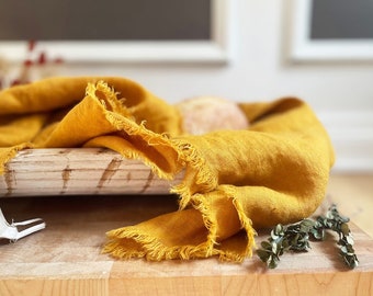 Handmade Linen Bread Cloth, Farmhouse Tea Towel with Frayed Edge