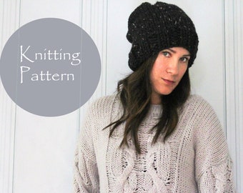 Knit Slouch Beanie Pattern, Chunky Knit Pattern, Knit Hat Pattern, Winter Hat Patterns