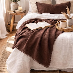 Brown Linen Throw Blanket – Oversized Heavy Linen Couch & Bed Blanket, Picnic or Beach Throws