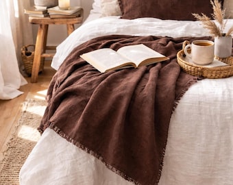 Brown Linen Throw Blanket – Oversized Heavy Linen Couch & Bed Blanket, Picnic or Beach Throws