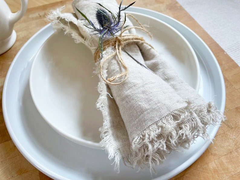 Linen Napkins with Fringe, Reusable Napkins, Table Napkins, Rustic Wedding Napkins, Washed Linen Napkins, Cocktail Napkins, Dinner Napkins Mix Natural