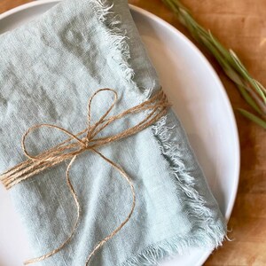 Blue Linen Napkins, Boho Cloth Napkins with Fringe, Eco Friendly Napkins, Farmhouse Napkins, Fringe Linen Napkins, Handmade Cloth Napkins image 4