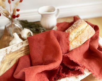 Handmade Linen Bread Towel, Rustic Farmhouse Kitchen, Frayed Edge
