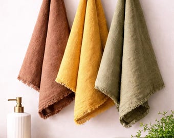 European Linen Hand Towel with Fringe, Neutral Farmhouse Bathroom Decor, Rustic Bath Towel