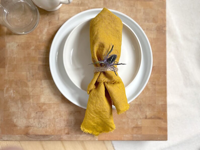 Reusable Napkins Mustard Linen Napkin, Washed Linen Napkins, Linen Fringe Napkins, Dinner Napkin Wedding Farmhouse Cloth Napkins image 2