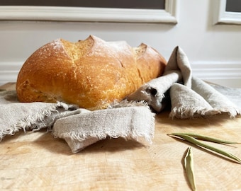 Handmade Linen Bread Basket Towel, Frayed Edge Farmhouse Style