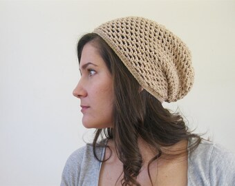 Knit Slouchy Beret, Boho Cotton Blend Beanie