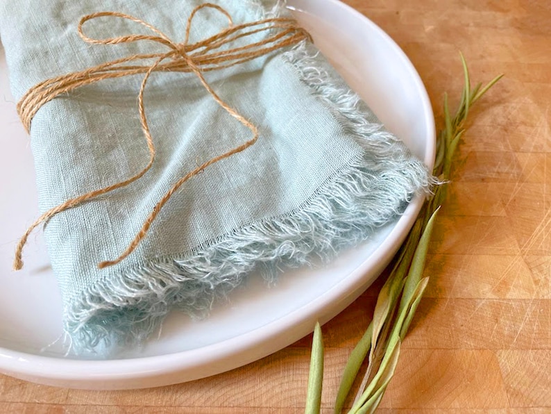 Blue Linen Napkins, Boho Cloth Napkins with Fringe, Eco Friendly Napkins, Farmhouse Napkins, Fringe Linen Napkins, Handmade Cloth Napkins Meadow (shown)