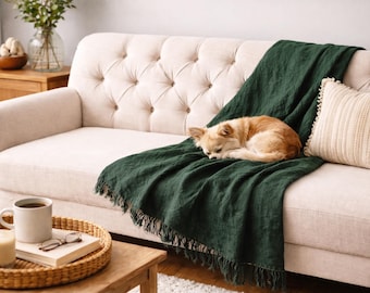 Linen Sofa Throw Blanket, Classic Size Linen Throw with Fringed Edges, Timeless Home Decor
