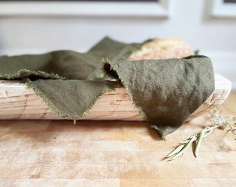 Olive Linen Bread Basket Towel, Frayed Edge Bread Cloth