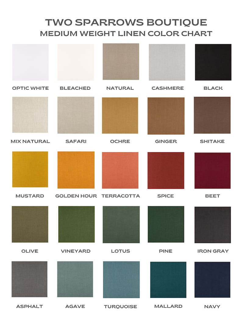 Puede incluir: Carta de colores que muestra 20 colores diferentes de tejido de lino. Los colores est&aacute;n dispuestos en filas y columnas, con los nombres de cada color enumerados debajo de las muestras. Los colores incluyen blanco &oacute;ptico, blanqueado, natural, cachemira, negro, mezcla natural, safari, ocre, jengibre, shiitake, mostaza, hora dorada, terracota, especias, remolacha, oliva, vi&ntilde;edo, loto, pino, gris hierro, asfalto, agave, turquesa, &aacute;nade real y azul marino.