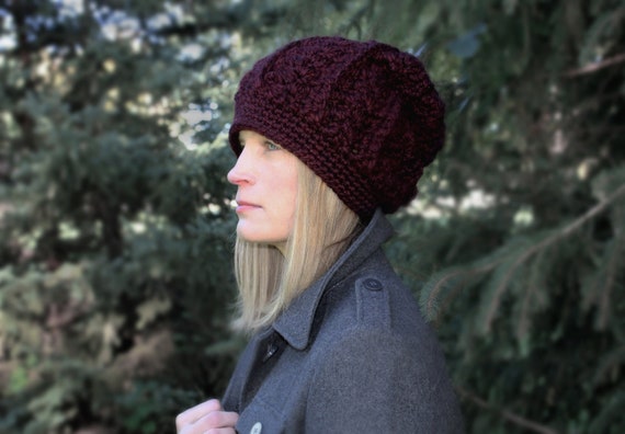 Burgundy Crochet Hat Chunky Knit Hat, Wool Winter Hat, Wool Hat