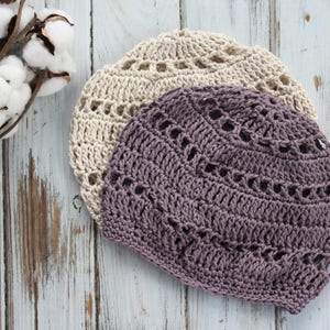 Summer Beanie, Cotton Anniversary Gift for Her, Crochet Beanie Summer Crochet Hat, Summer Berets Cotton Beanie
