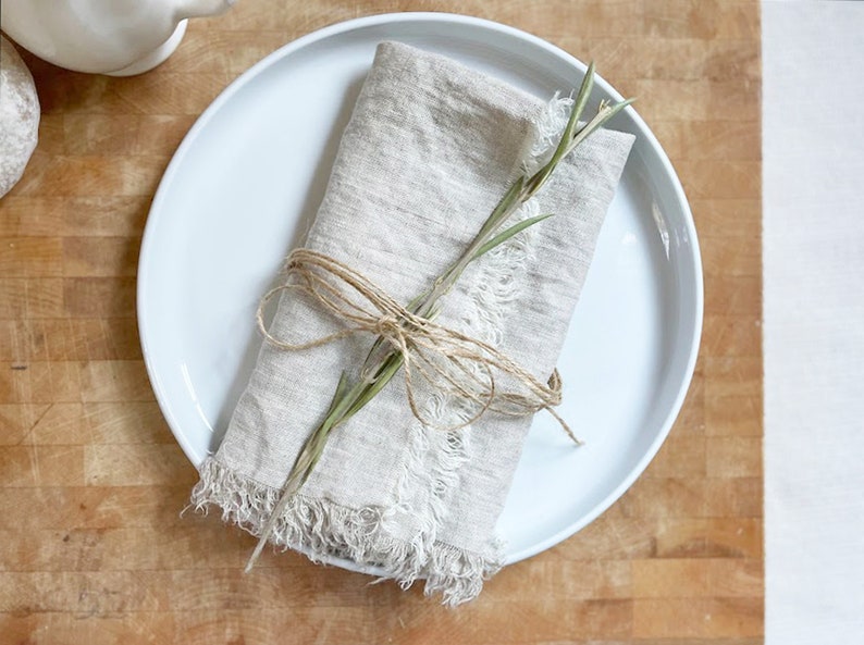 Linen Napkins with Fringe, Reusable Napkins, Table Napkins, Rustic Wedding Napkins, Washed Linen Napkins, Cocktail Napkins, Dinner Napkins image 4